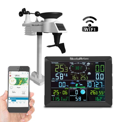 0310 Wireless 2.4G Wifi Weather Station with 8.3 inch Large Display Indoor Outdoor Thermometer Hygrometer Wind Speed Moon Phase UV Index Alarm Clock Multifunctional Weather Station