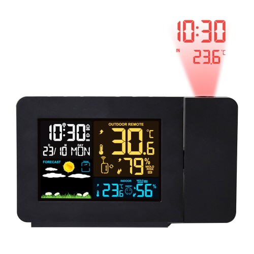 FanJu FJ3391 Multifunctional Weather Station Projector Clock Color Screen Time Temperature Projection Weather Forecast Humidity Calendar Dual Alarm Clock Digital Clock with Wireless Sensor