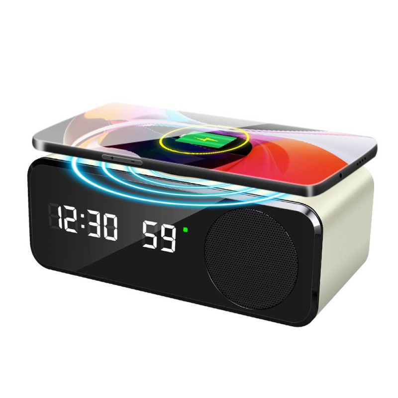 5 In 1 Wireless Charger Speaker Digital Alarm Clock bluetooth Audio Phone Stand Stopwatch Temperature Display