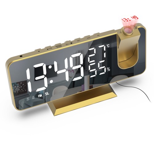 AGSIVO 7.4" LED Digital Projection Alarm Clock With FM Radio / Rotating Projector / Mirror Surface / Temperature Display / Humidity Display / Snooze / External USB Charger