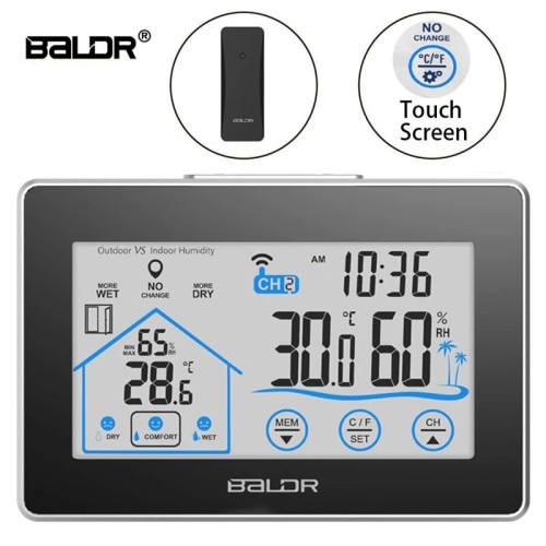 BALDR Wireless Weather Station Alarm Clock Touch Screen In/Outdoor Thermometer Hygrometer Forecast Calendar Comfort Indicator Wireless Remote Sensor