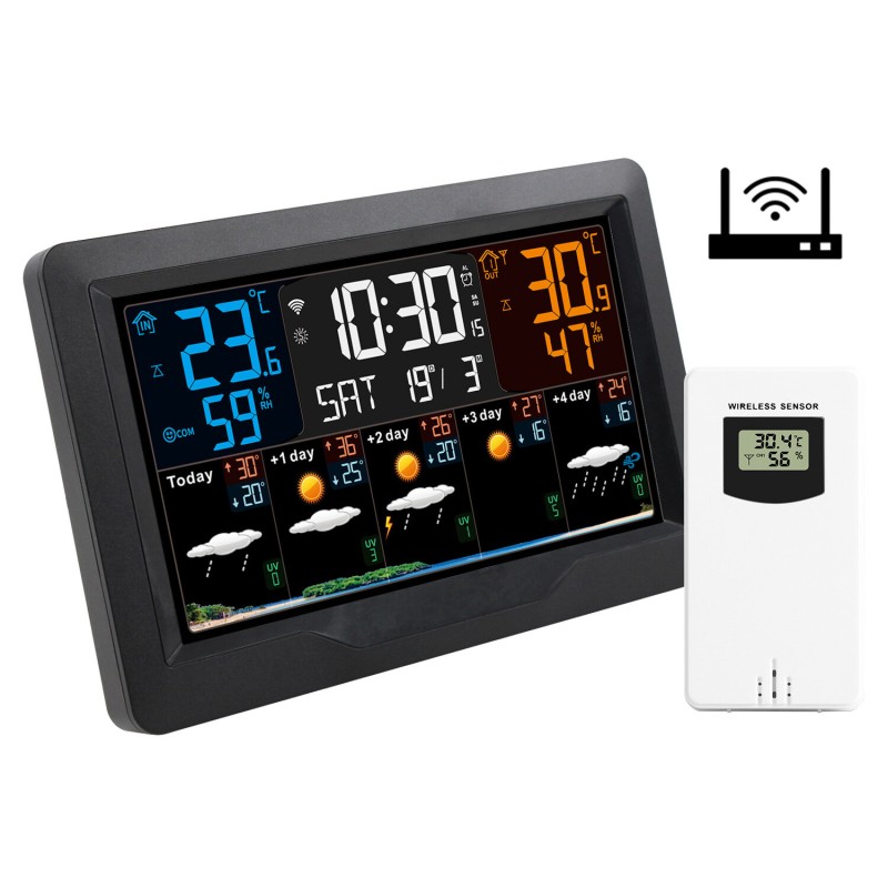 Tuya Smart WiFi Weather Clock with TuyaSmart Connectivity Indoor Outdoor Temperature Humidity Monitor Digital Alarm Forecast UV Index RF433 Long-Range Control