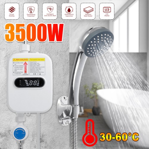 3500W 220V Mini Water Heater Hot Electric Tankless Household Bathroom Faucet with Shower Head LCD Temperature Display