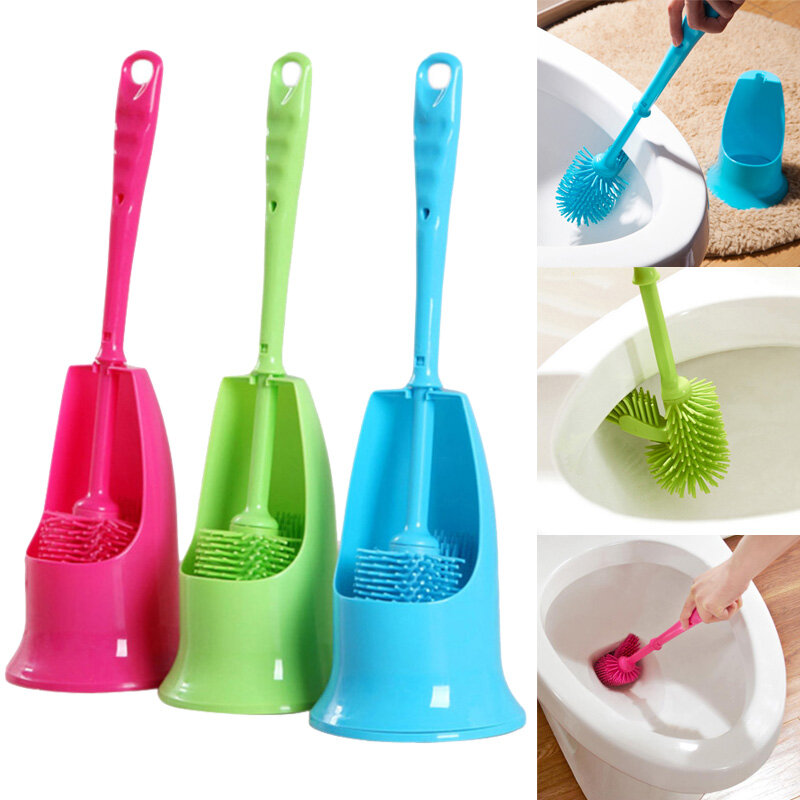 Cylinder Handle Toilet Brush & Base Plastic Cleaning Brush Long Double-sided Portable Bathroom Acces