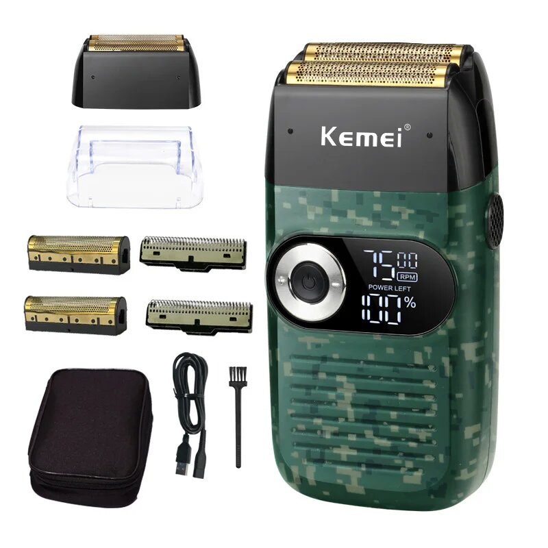 Kemei Model KM-2026/KM-2027 Electric Shaver Rechargeable Beard and Hair Trimmer with Two Floating Razor Heads 120 Minutes Usage Time Simple Cleaning and Maintenance Black or Green