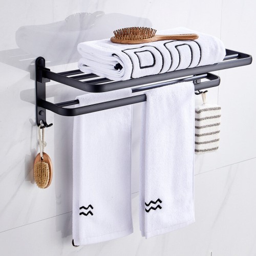 Space Aluminum Black Wall-mounted Towel Rack Rust-resistant Stable Towel Holder Easy to Install Bathroom Shelf