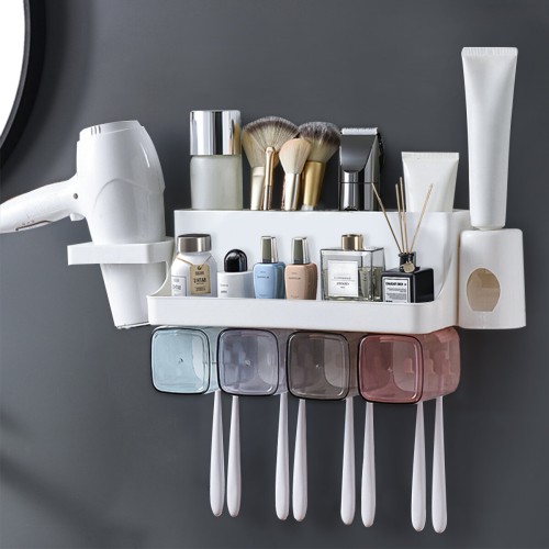 Toothpaste Holders Toothbrush Rack Wall-Mounted Space-Saving Toothbrush Toothpaste Squeezer Kit With Toothpaste Dispenser