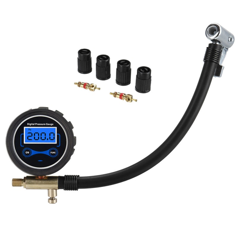 200PSI Multi-function Car Truck Air Tire Inflator Digital Pressure Gauge with Air Chuck Hose