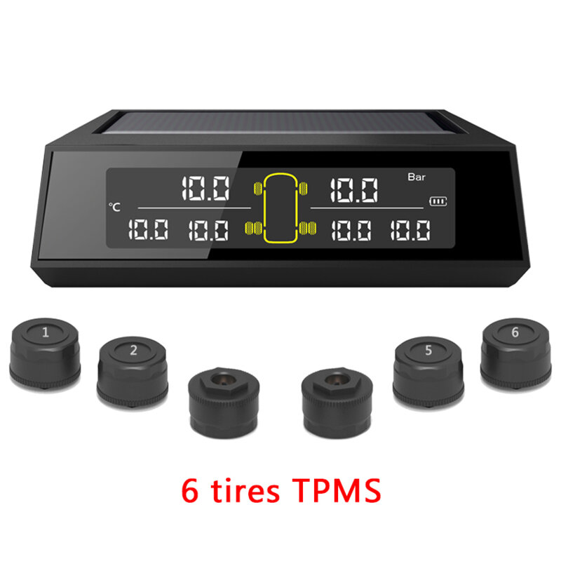 Universal Solar Energy 6 Tyre Sensor Solar TPMS Wireless Tire Pressure Monitoring System for Truck Bus RV Oversize Vehicle Car