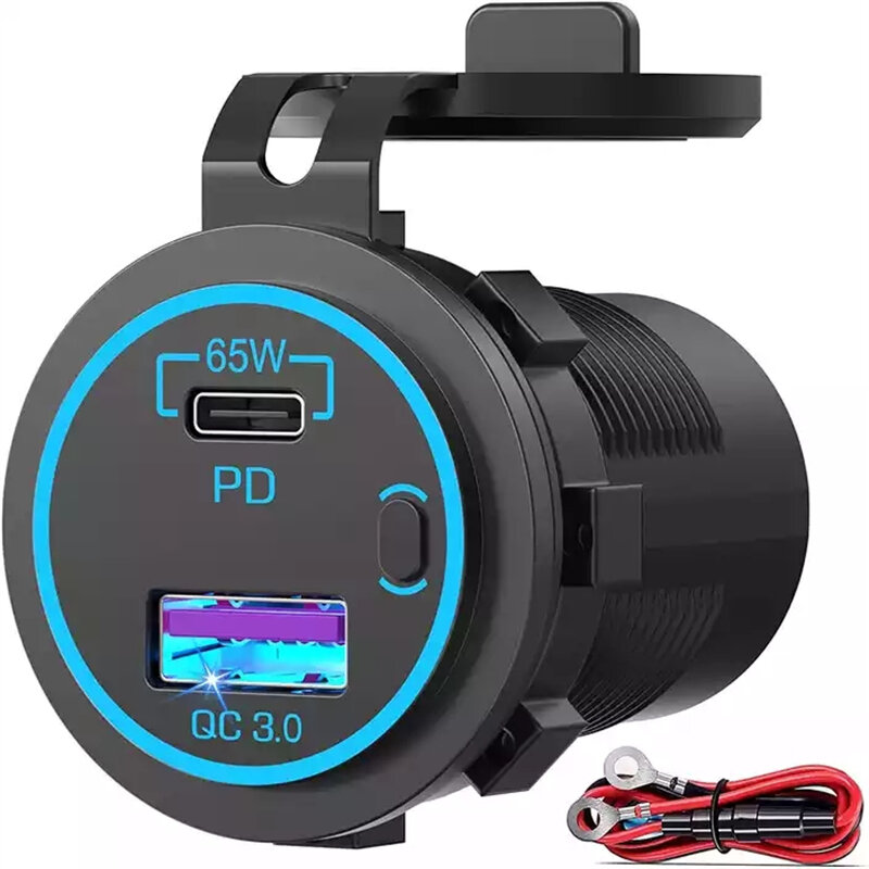 12-24V 83W USB Car Charger Socket 65W PD3.0 + 18W QC3.0 Waterproof with Power Switch For RV Truck Motorcycle ATV