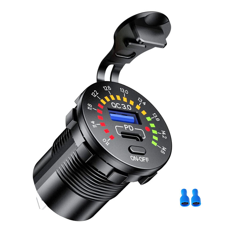 12-24V Dual USB Car Charger Socket PD+QC3.0 With Colorful Voltmeter ON/OFF Switch for Bus Trailer Boats