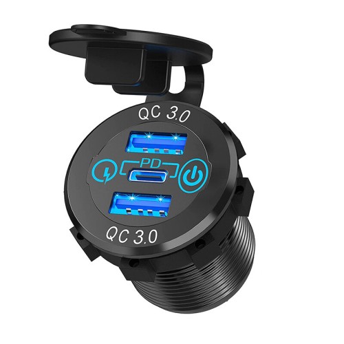 12V-24V 60W Triple USB Car Charger Socket PD3.0 & Dual QC3.0 with Touch Switch Fast Charge Adapter Bus Trailer Boats