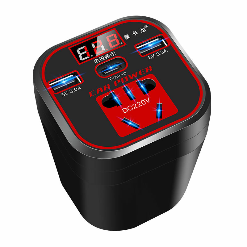 12V/24V to 220V Car Inverter 200W 3.0 Fast Charge +Type-C Car Charger Socket with Intelligent Digital Display for Phone Tablet