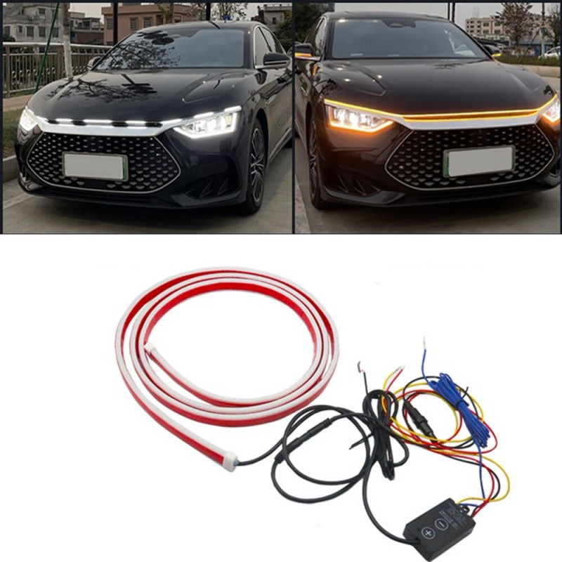 12V Universal Car Hood Decorative Light Yellow White Dynamic LED Daytime Running Light Strip Auto Headlight Strips Scan