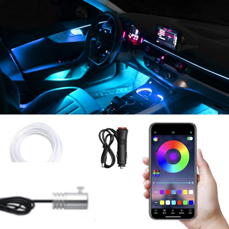 1IN1 2M RGB LED Atmosphere Car Interior Ambient Light Fiber Optic Strips Light by App Control Neon LED Auto Decorative Lamp