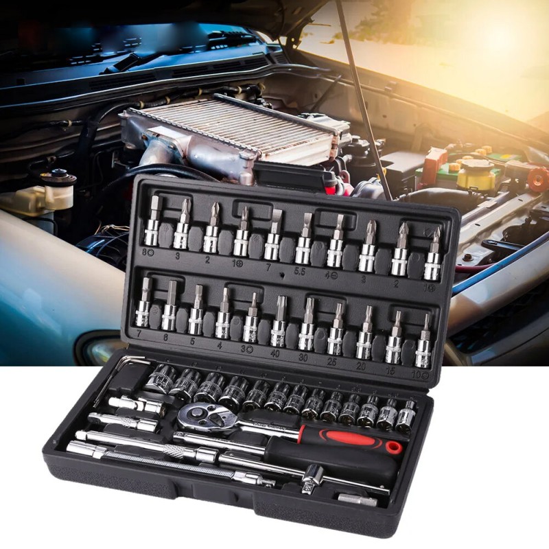 46Pcs Socket Wrench Set Combo Tool Auto Repair Screwdriver Combination 1/4 Inch Ratchet Wrench Set with Metric Drill Bit Socket Extension Bar for Auto Repair Engine Maintenance