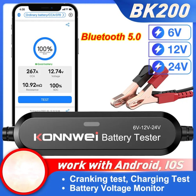 KONNWEI BK100 BK200 Bluetooth 5.0 Car Motorcycle Truck Battery Tester 6V/12V/24V Battery Analyzer 100-2000 CCA Charging Cranking Test Tools