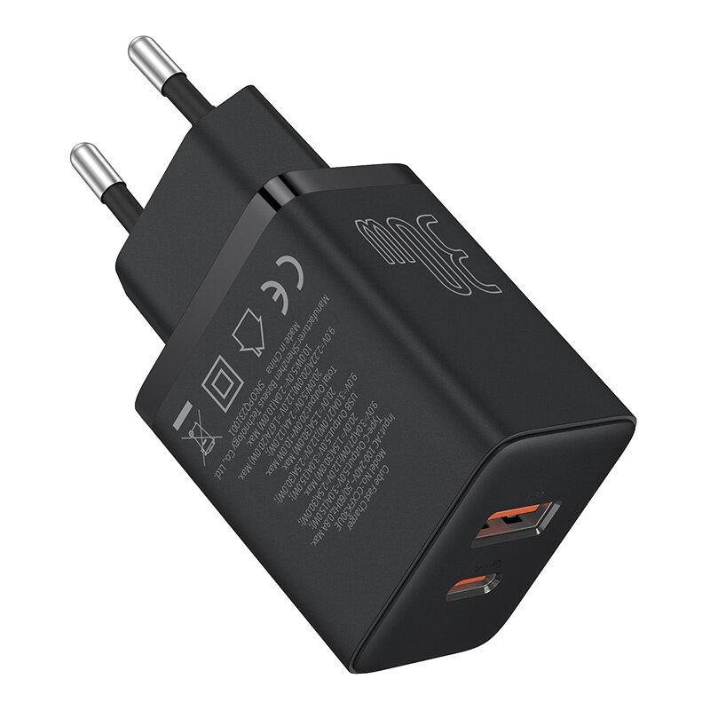 Baseus Cube 30W 2-Port USB PD Charger USB-A+Type-C PD3.0 QC3.0 BC1.2 PPS Apple 2.4 Fast Charging Wall Charger Adapter EU Plug for iPhone 15 14 13 for Huawei Mate60 Pro for Samsung S24 for Xiaomi 14pro