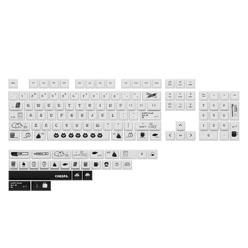 130 Keys Black Cartoon PBT Keycap Set XDA Profile Sublimation Custom Keycaps for Mechanical Keyboards