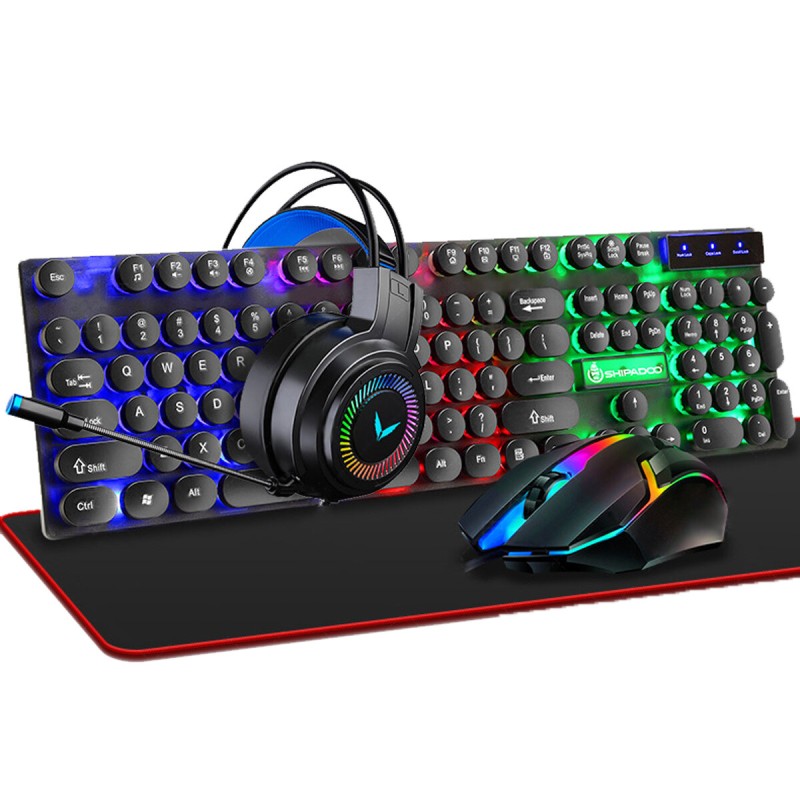 4-in-1 Keyboard + Mouse + Headset + Mouse Pad Set 4Pcs Gaming Kit 104 Keys LED breathing Backlight Mechanical Feel Gaming Keyboard 3.5mm Jack 50mm Drive Headphone 80*30cm Large Mouse Pad