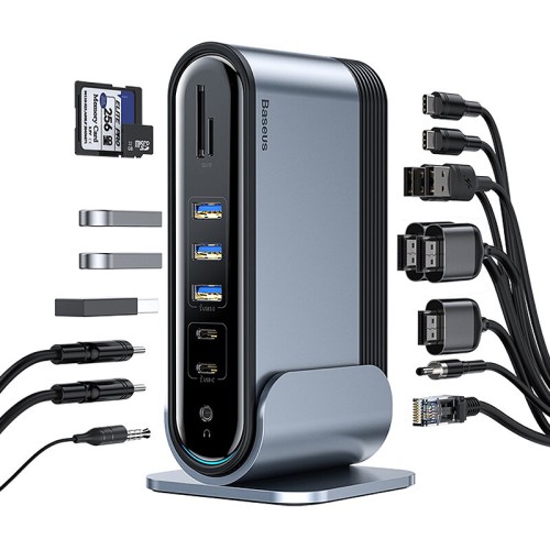 Baseus 17-in-1 Type-C Docking Station USB Adapter with USB2.0*2 USB3.0*3 USB-C*2 HDMI*3 RJ45 USB-C PD*2 SD/TF 3.5mm Audio for Phone PC Laptop Huawei Xiaomi