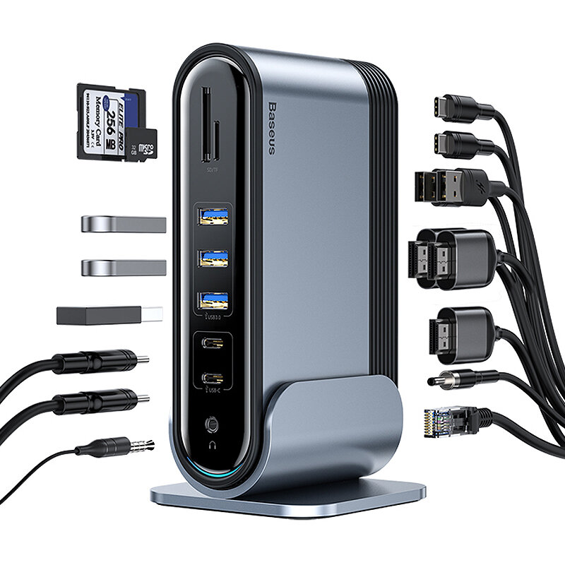 Baseus 17-in-1 Type-C Docking Station USB Adapter with USB2.0*2 USB3.0*3 USB-C*2 HDMI*3 RJ45 USB-C PD*2 SD/TF 3.5mm Audio for Phone PC Laptop Huawei Xiaomi