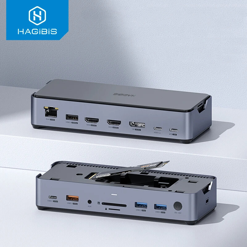 Hagibis 15 in 1 USB-C Docking Station Type-C to 8K HDMI-Compatible Triple Display M.2 SSD PD3.0 RJ45 15 in 1 USB C HUB for PC Laptops