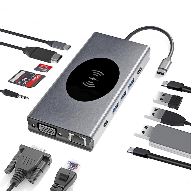 Pobod 13 in 1 Type-C Docking Station with USB3.0*3 USB-C PD USB-C*2 HDMI VGA RJ45 SD/Micro SD Card Reader Slot 3.5mm Audio Wireless Phoone Charger Multiports USB Hubs Splitter for Phone TV Tablet Laptop