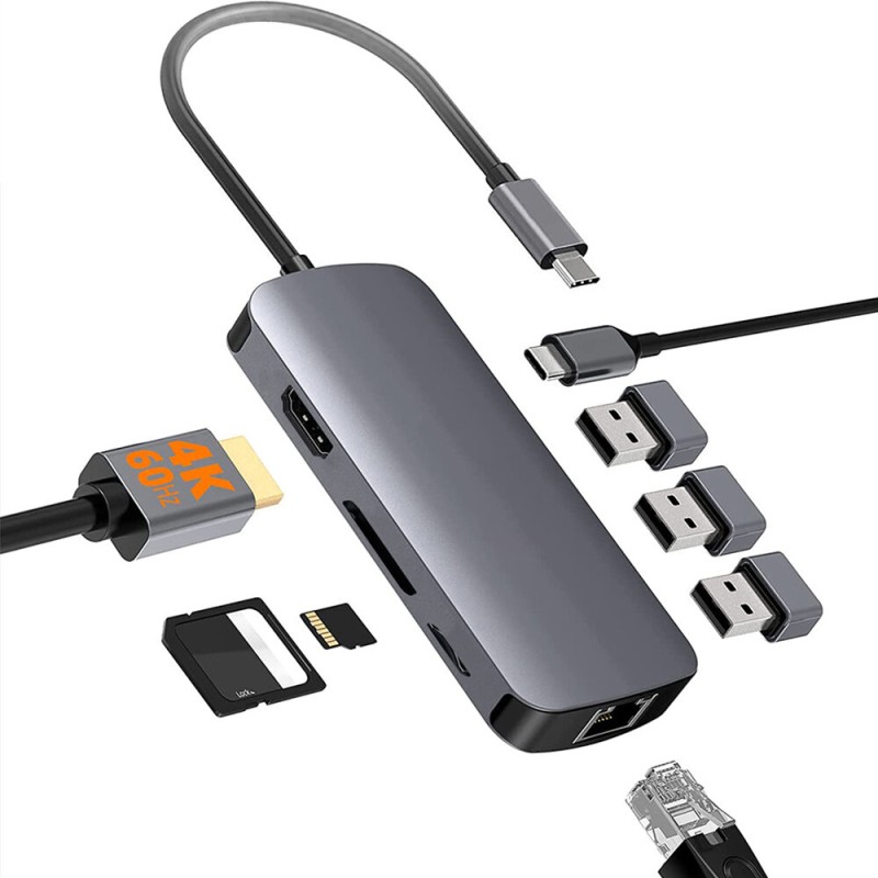 Pobod 8 in 1 Type-C Docking Station with USB3.0*3 PD100W USB-C 4K@60Hz HDMI RJ45 SD/TF Card Reader Slot Multiport Hub Splitter Adaptor for PC Laptop