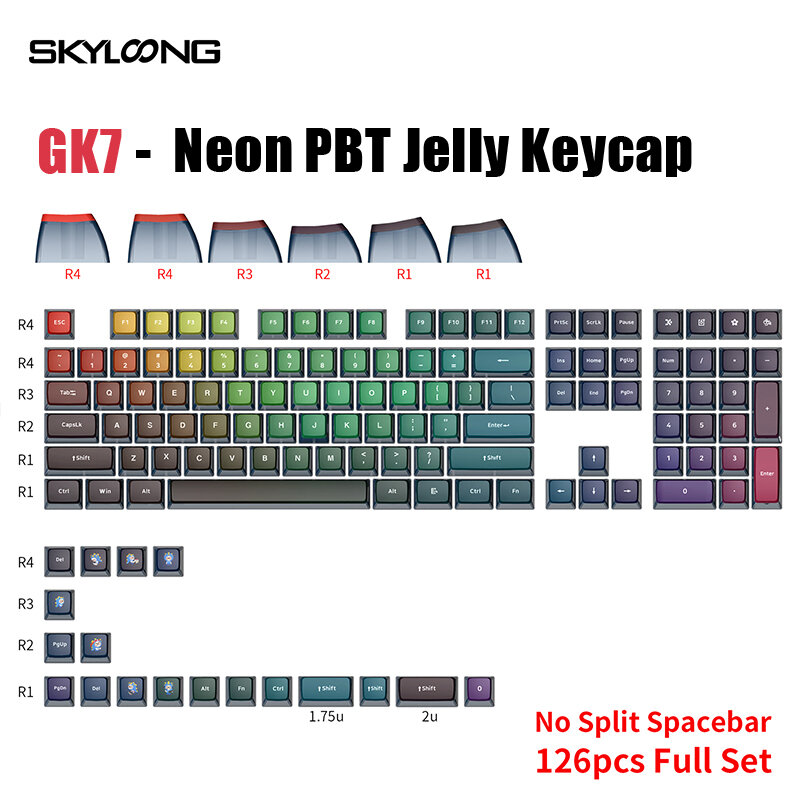 SKYLOONG GK7 126PCS Mechanical Keyboard Keycaps Set Neon PBT Black Transparent Jelly Key Cap For DIY Customized 61/87/104/108 Key Mechanical Keyboard