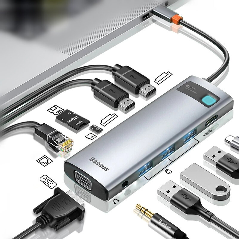 [Triple Display] Baseus 11-In-1 MST USB Type-C Hub Docking Station Adapter With Dual 4K HDMI HD Display / 1080P VGA / 100W USB-C PD Power Delivery / 1000M RJ45 Network Port /3 * USB 3.0 / 3.5mm Audio Jack  / Memory Card Readers
