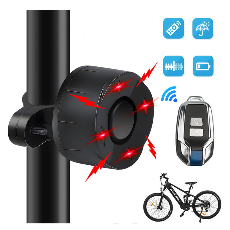 2023 Bike Alarm Light 700mAh Battery 4 Flashing Modes 110dB High Sound Bicycle Bell Horn Anti-theft Electric Waterproof Alarm with Remove Control for Cycling