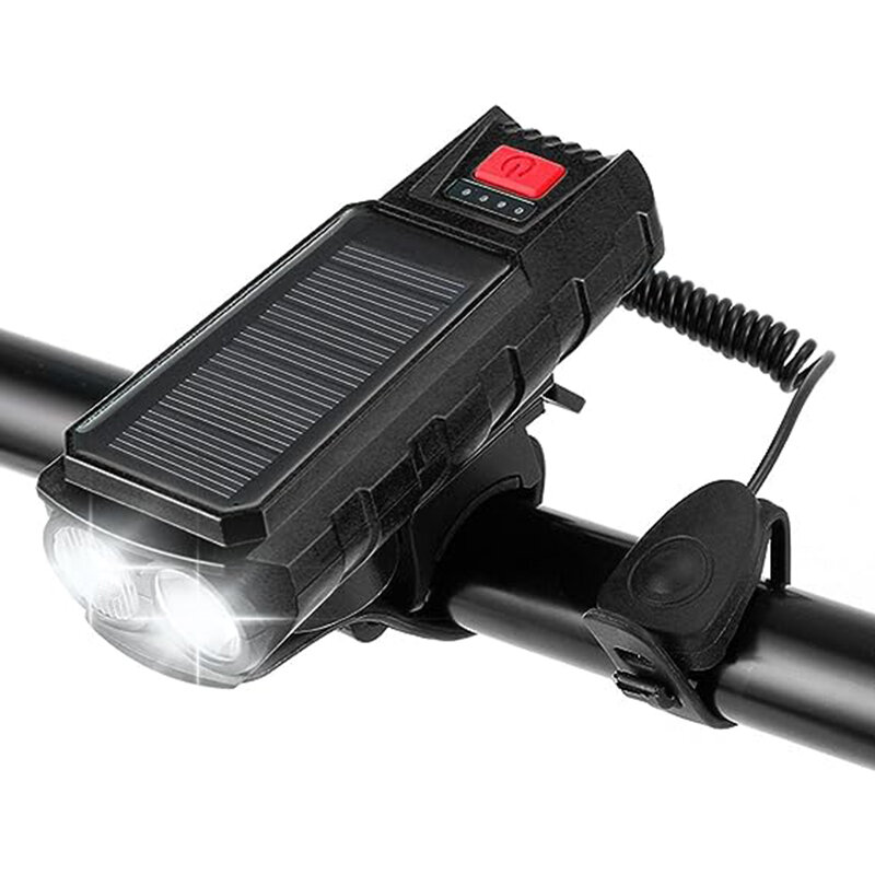 Solar Charging Bike Headlight 400Lm Brightness 200m Distance Range 2000mAh Battery Waterproof 3 Light Modes Warning Flashlight with 130dB Horn for Road Mountain Bicycle