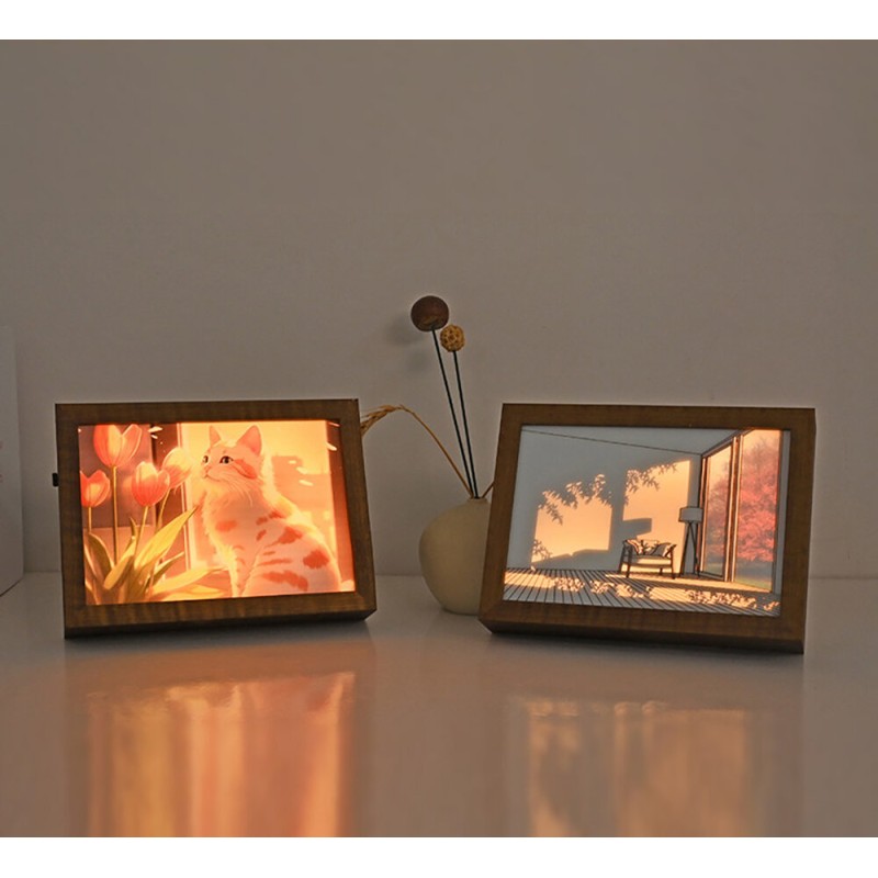 LED Illuminated Artwork Warm Modern Minimalist Design Rechargeable with Real Wood Frame Perfect Night Light and Home Decor Piece