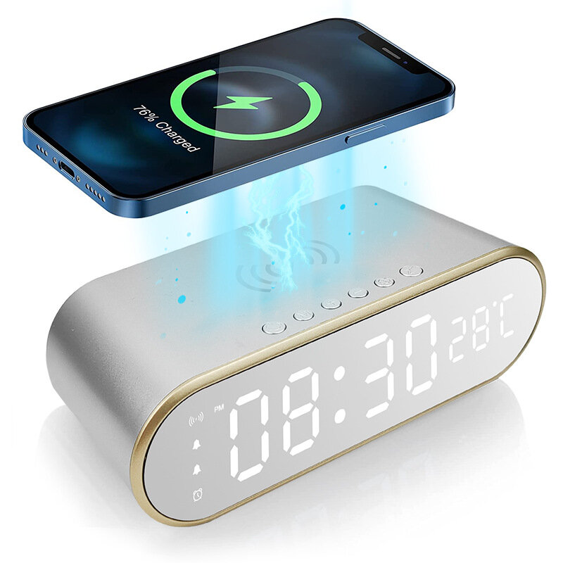 LED Mirror Digital Alarm Clock Support Phone Wireless Charging 2 Alarm Group Snooze Function Real-Time Temperature