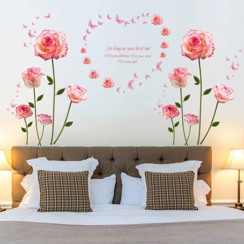 Miico SK9337 Pink Rose Bedroom And Living Room Wall Sticker Decorative Stickers DIY Stickers  Cabinet Sticker