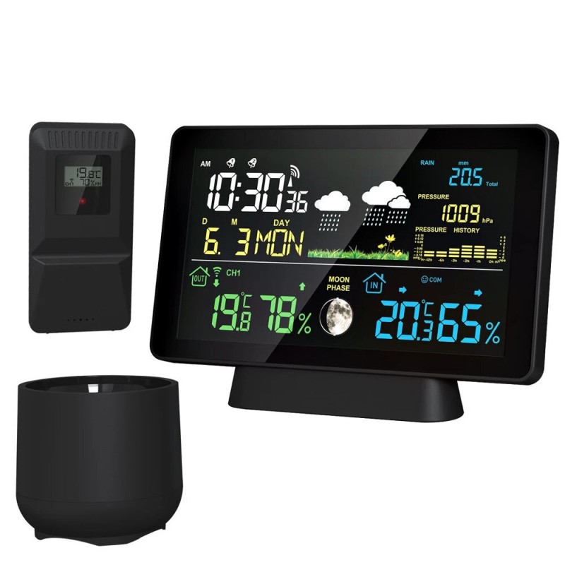 Multi-function Professional Weather Station Alarm Clock Wireless Indoor Outdoor Thermometer With Rain Gauge/ Temperature/  Humidity/ Rainfall Monitoring/ Atmospheric Pressure Intelligent Color Screen Clock