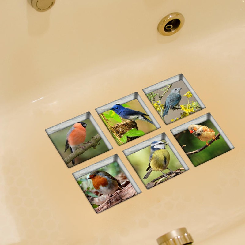 PAG 6pcs 13x13cm Bird Pattern 3D Anti Slip Waterproof Bathtub Sticker