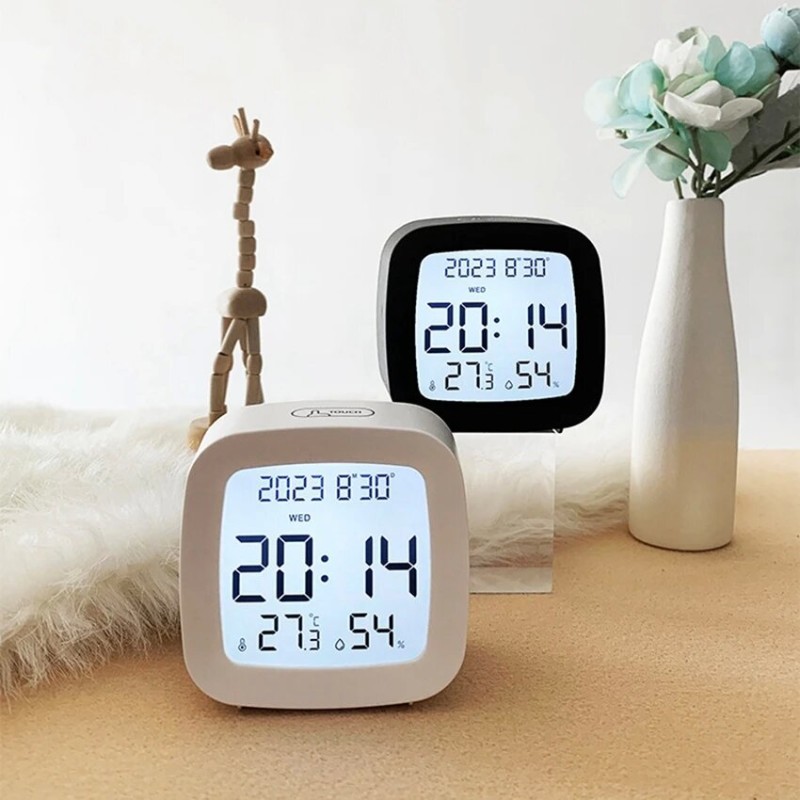 Simple Alarm Clock Voice Control LightsTemperature Humidity Calendar Week Display Snooze Function With Backlight Electronic Desktop Clock 12/24H LED Alarm Clock