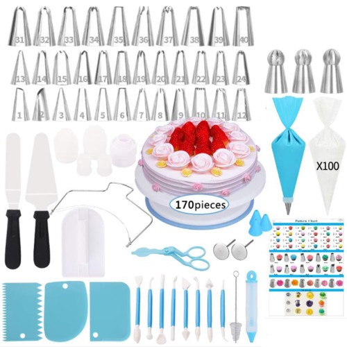 170PCS Cake Decorating Supplies Kit Baking Tools Turntable Stand Pen Set