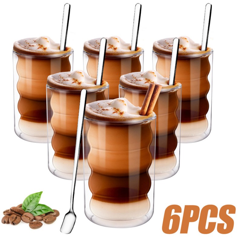 Latte Macchiato Glasses Double-Walled 350 ml Set of 6 Thermal Glass Made of Borosilicate Glass, Espresso Cups, Coffee Cups, Drinking Glasses, Capuccino Cups, Ice Cream Glass with 6 Spoons and 6 Coasters