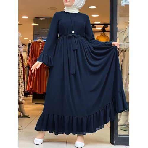 Casual Solid Color Flare Sleeve Lace-Up Chiffon Loose Muslim Maxi Dress