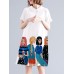 Character Print Pocket Doll Collar Short Sleeve Casual Midi Dress