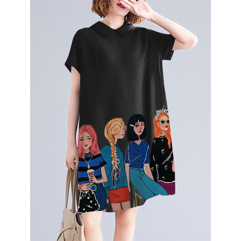 Character Print Pocket Doll Collar Short Sleeve Casual Midi Dress