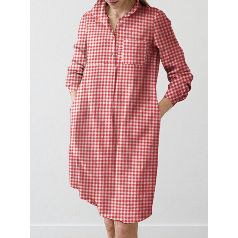 Check Pattern Long Sleeve Lapel Pocket Button Dress