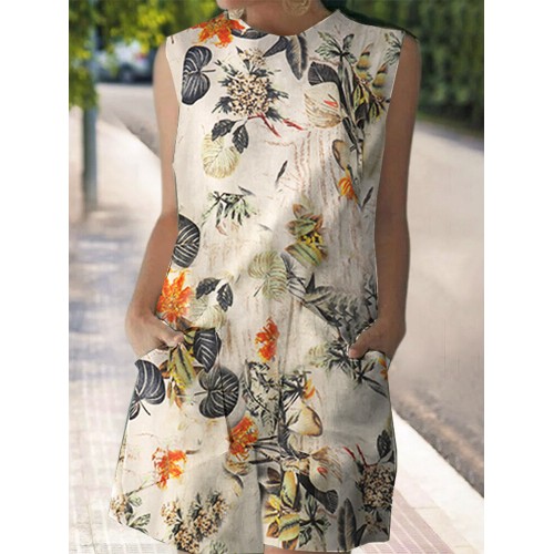 Cotton Plant Print Pocket Sleeveless Casual Print Dress