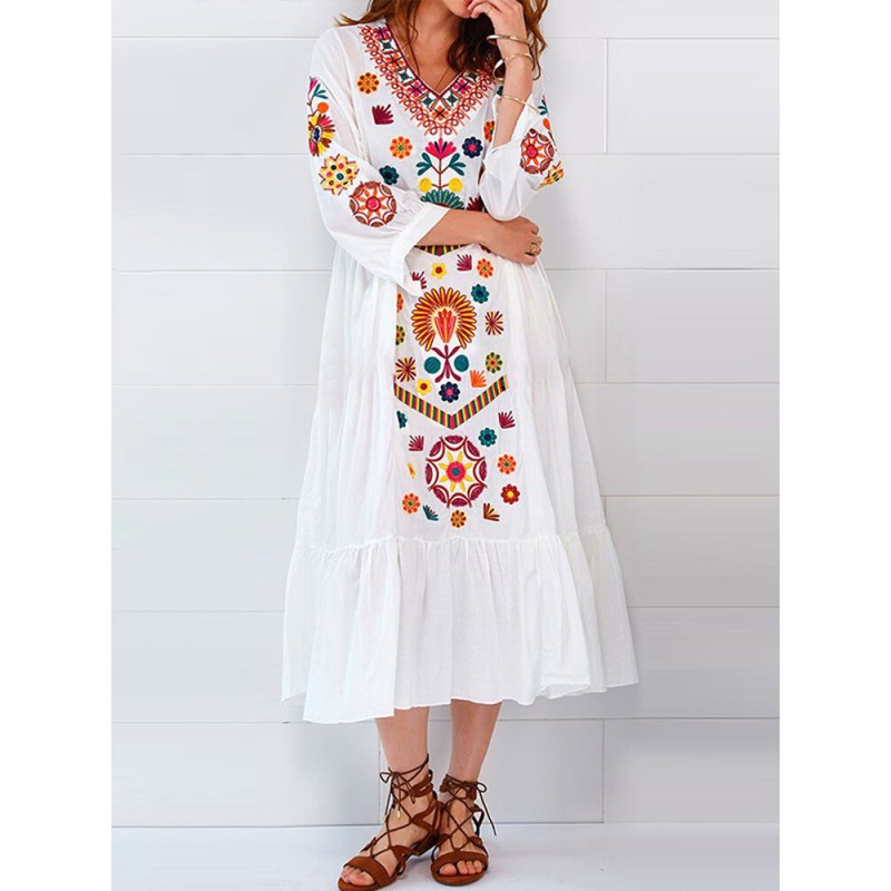 Ethnic Women V-neck Long Sleeve Floral Print Holiday Bohemian Pleated Maxi Dress