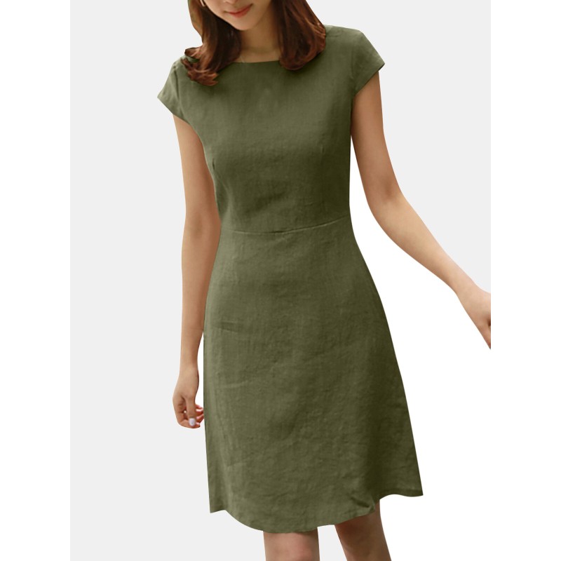 Invisible Zip Solid Short Sleeve Crew Neck Casual Dress