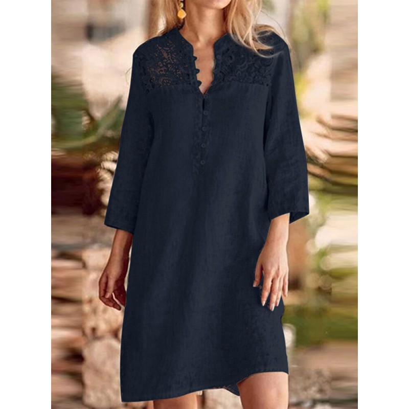 Lace Stitch 3/4 Sleeve Stand Collar Casual Dress