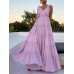 Leisure Solid Lettuce-Edge Knotted Zip V Neck Maxi Dress